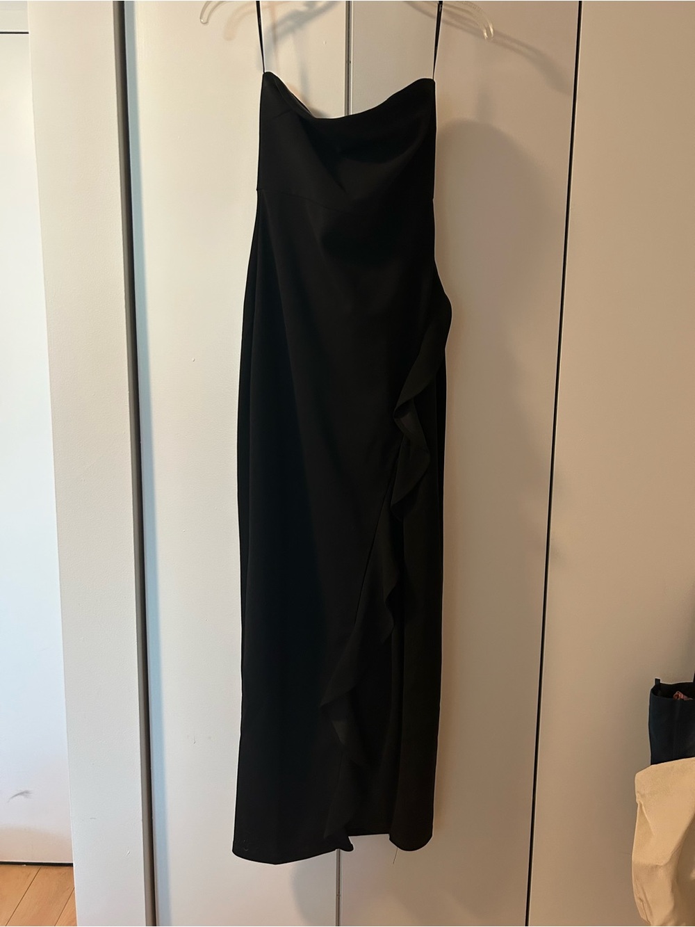 Lulu's Black Strapless Formal Maxi Dress with front ruffle slit